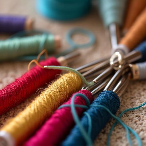 Close-up of colored threads and a needle for costume repair.